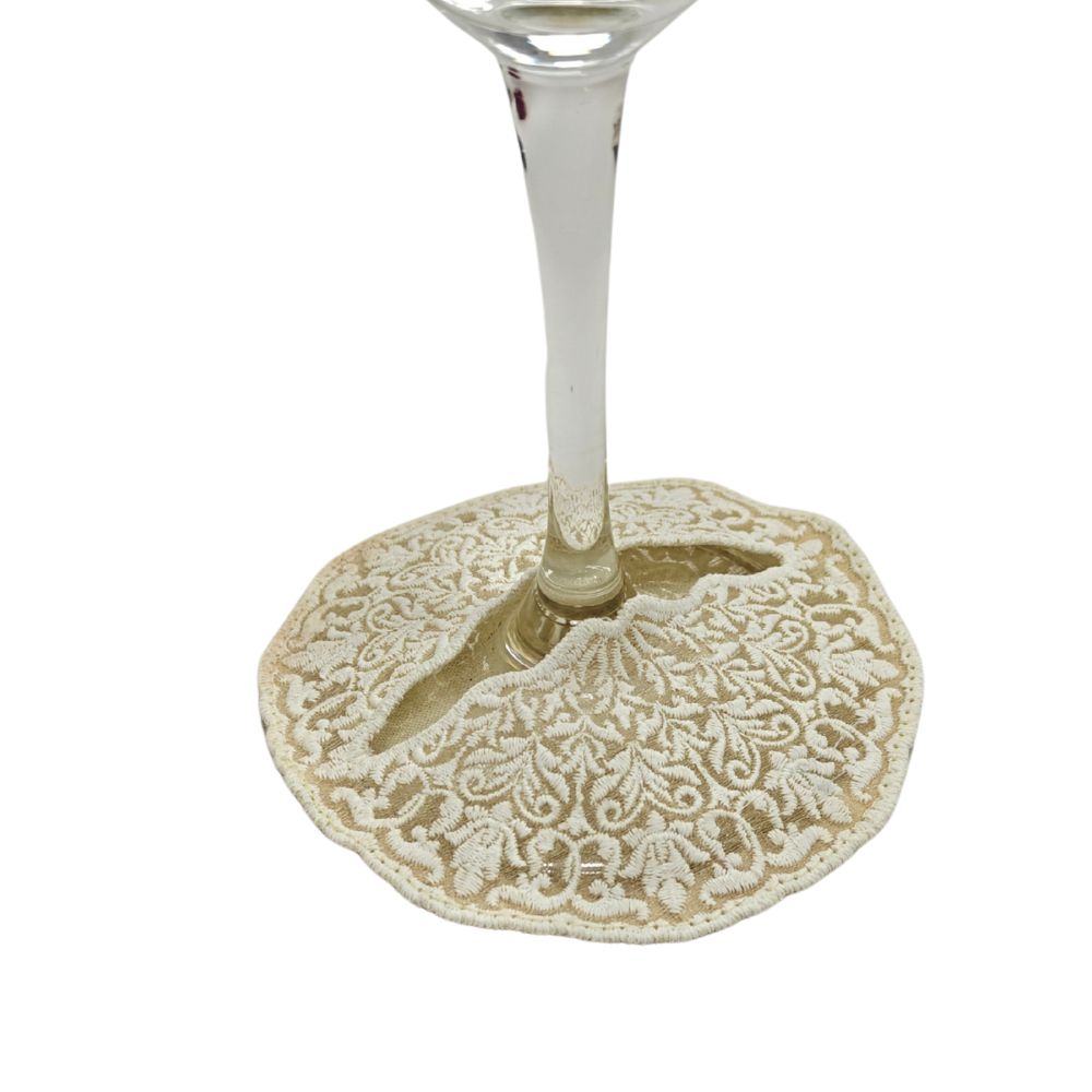Wine Glass Embroidered Coaster - Champagne Lace Coin
