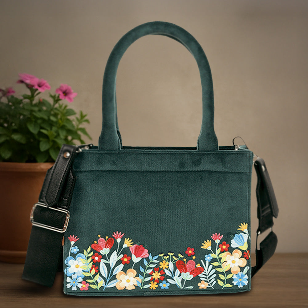 Velvet Floral Garden Embroidered Hand Bag
