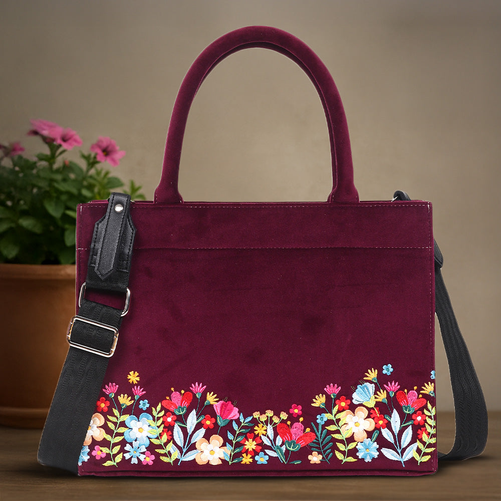 Velvet Floral Garden Embroidered Hand Bag