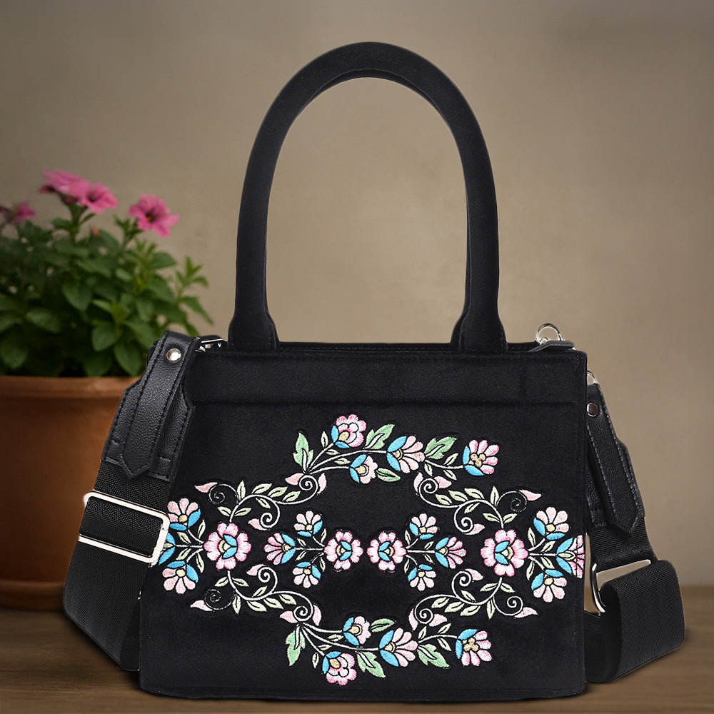 Velvet Floral Bouquet Embroidered Hand Bag