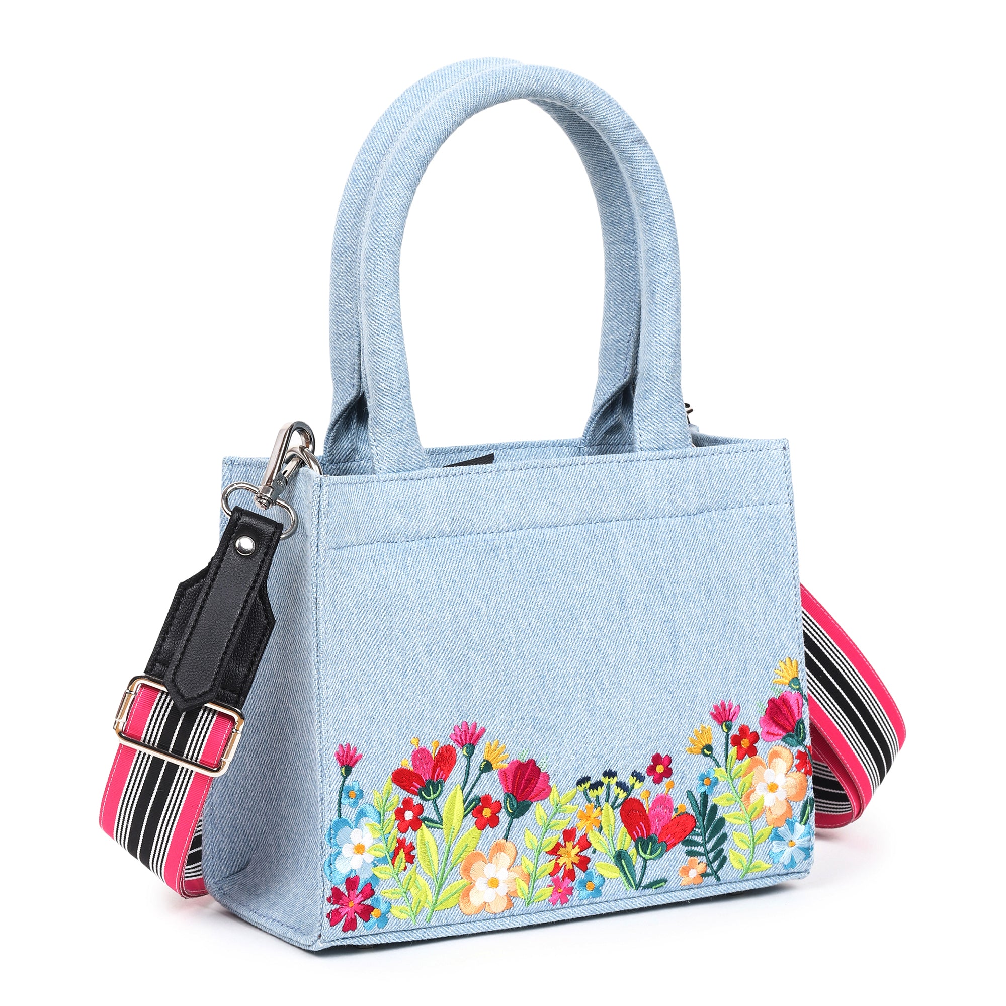 Denim Floral Garden Embroidered Handbag - Small