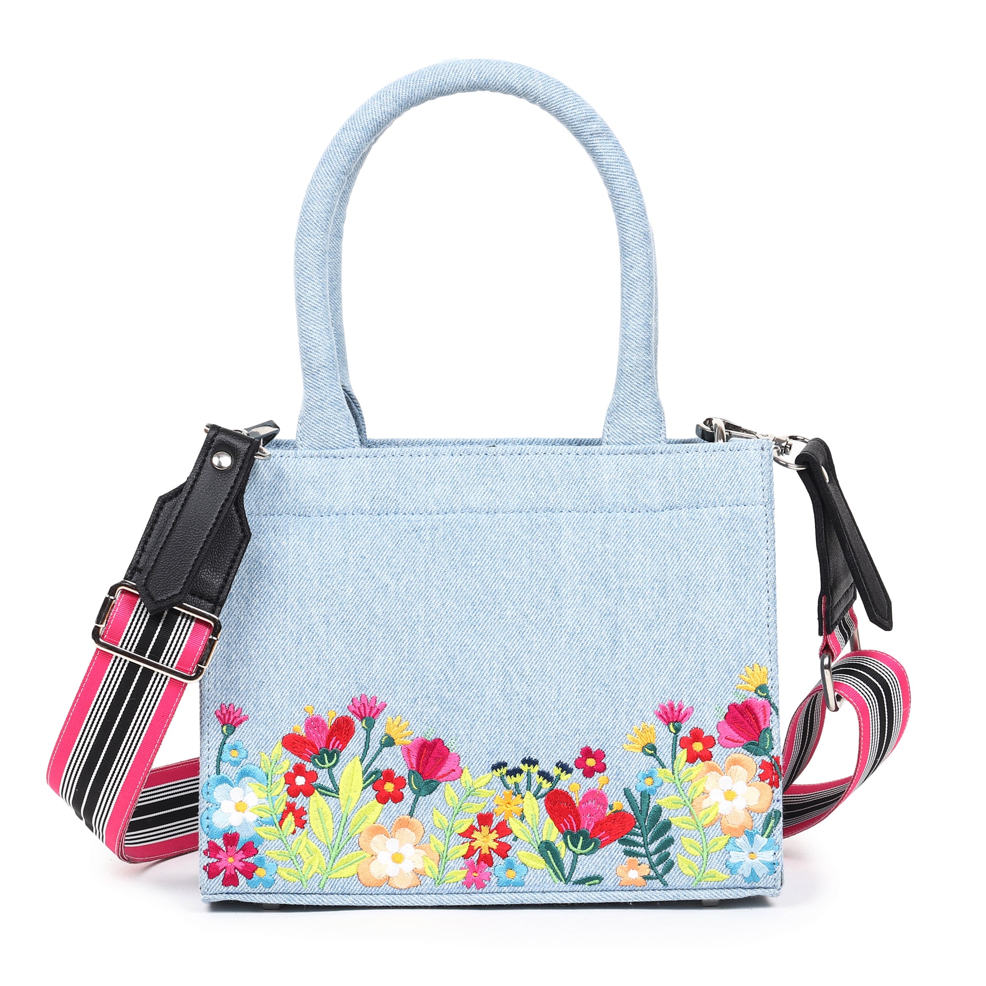 Denim Floral Garden Embroidered Handbag - Small