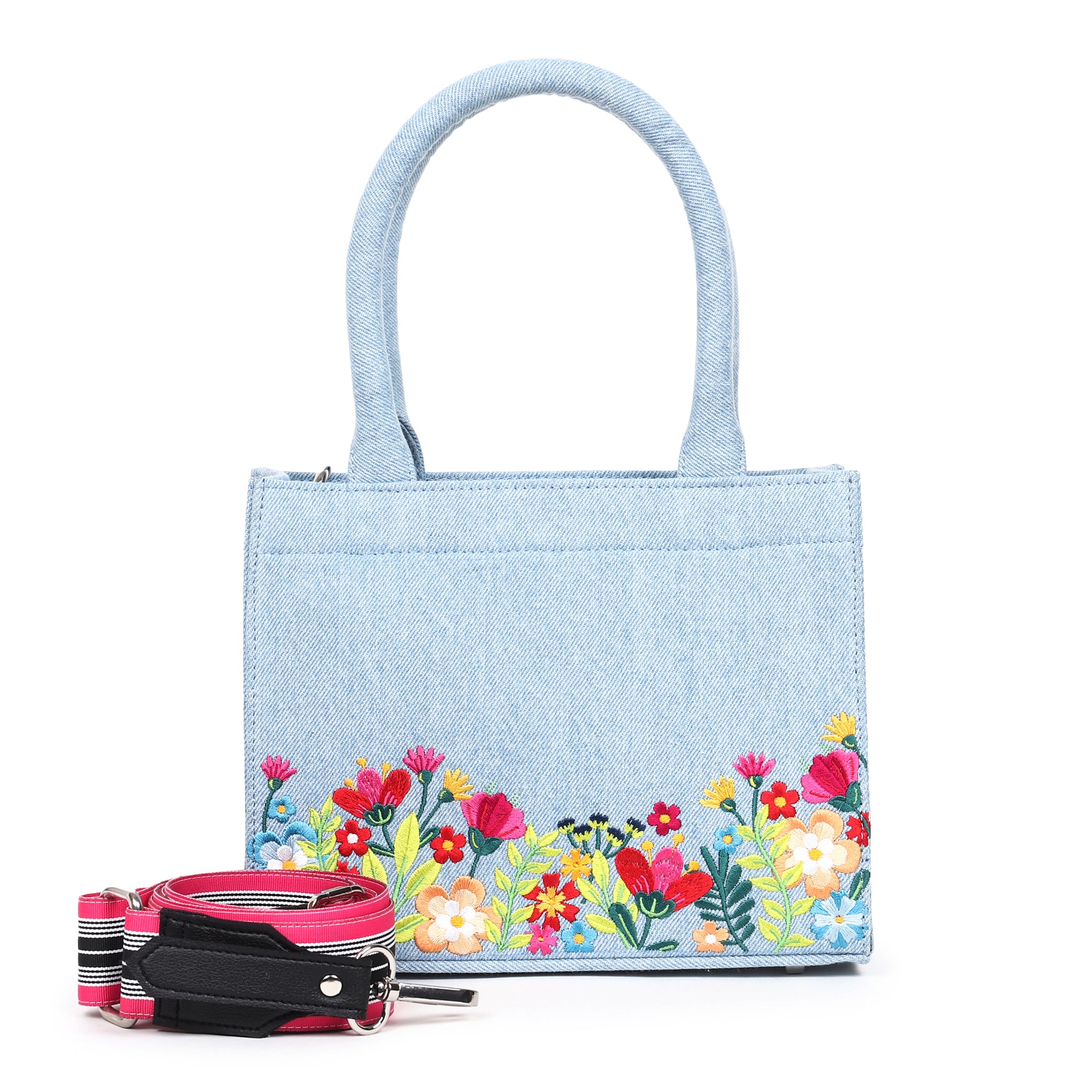 Denim Floral Garden Embroidered Handbag - Small