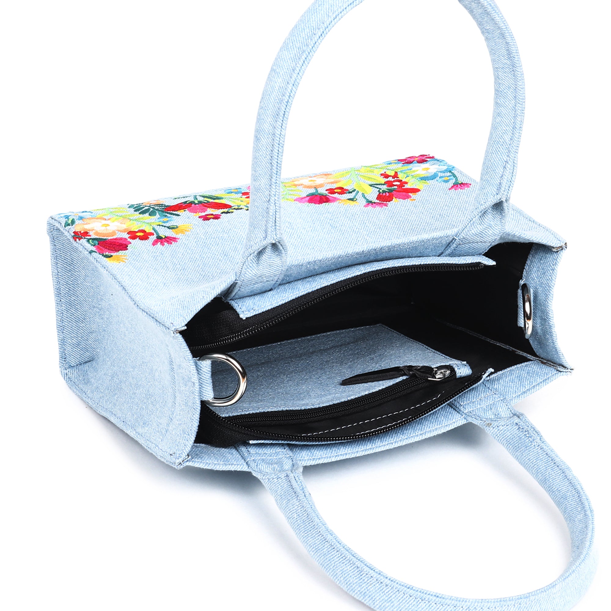 Denim Floral Garden Embroidered Handbag - Small