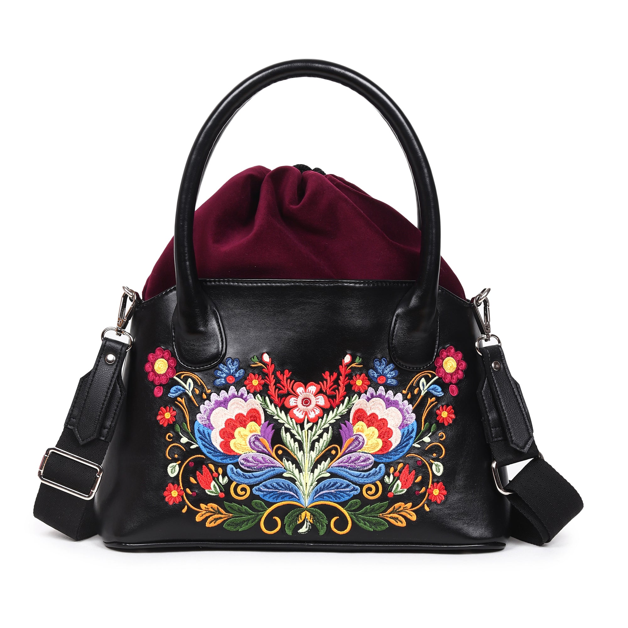 Velvet Floral Wings Embroidered Rexin Bucket Bag