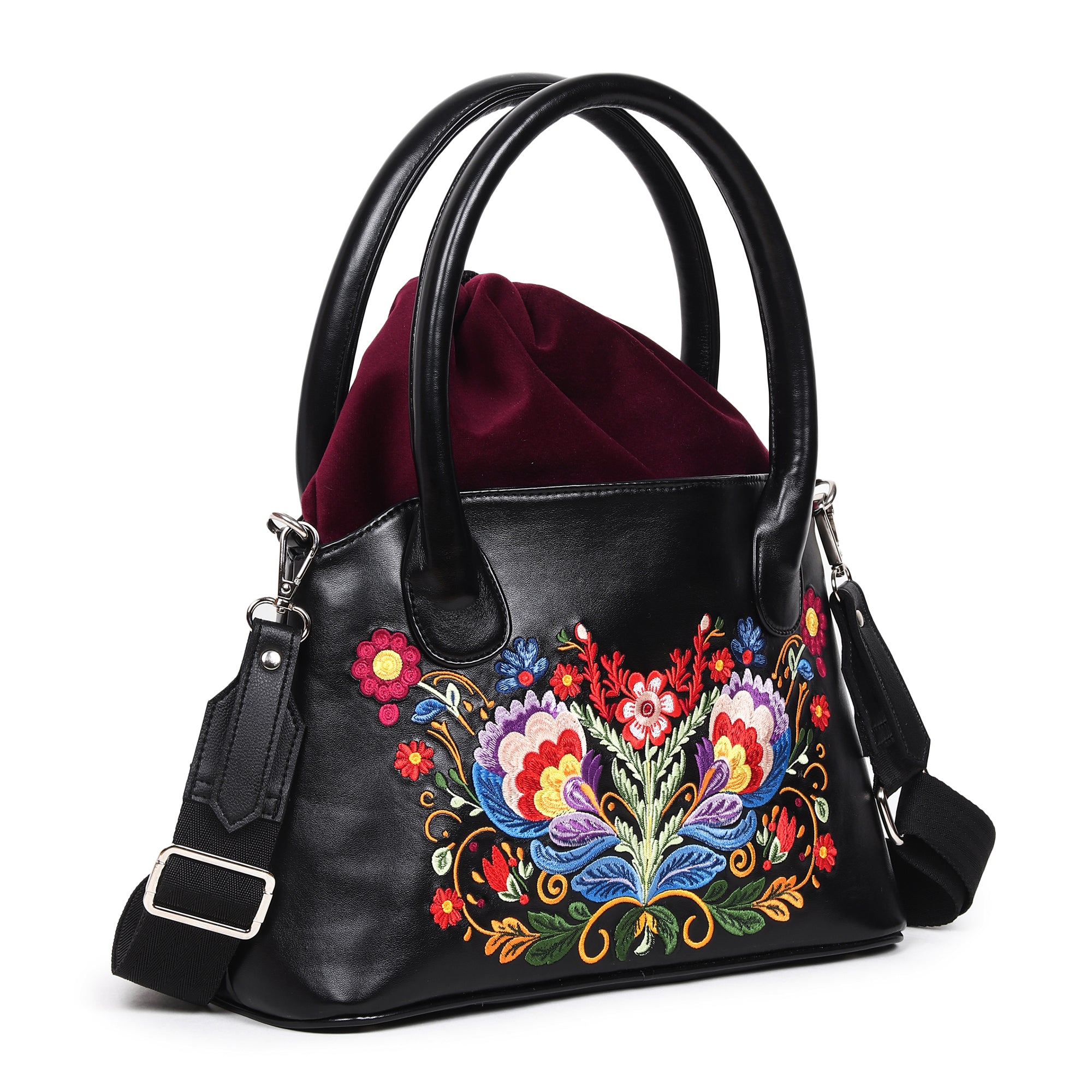 Velvet Floral Wings Embroidered Rexin Bucket Bag