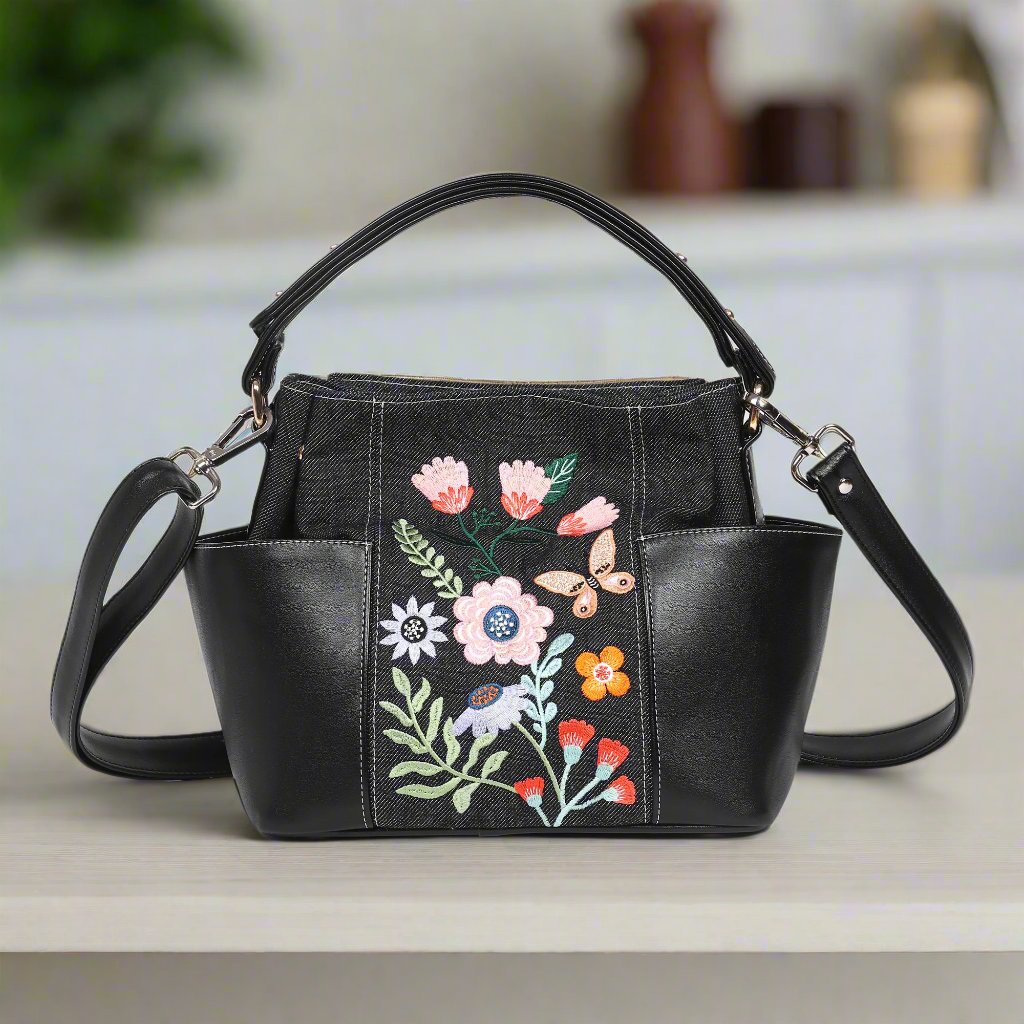 Floral Denim Rexin Embroidered Bucket Bag