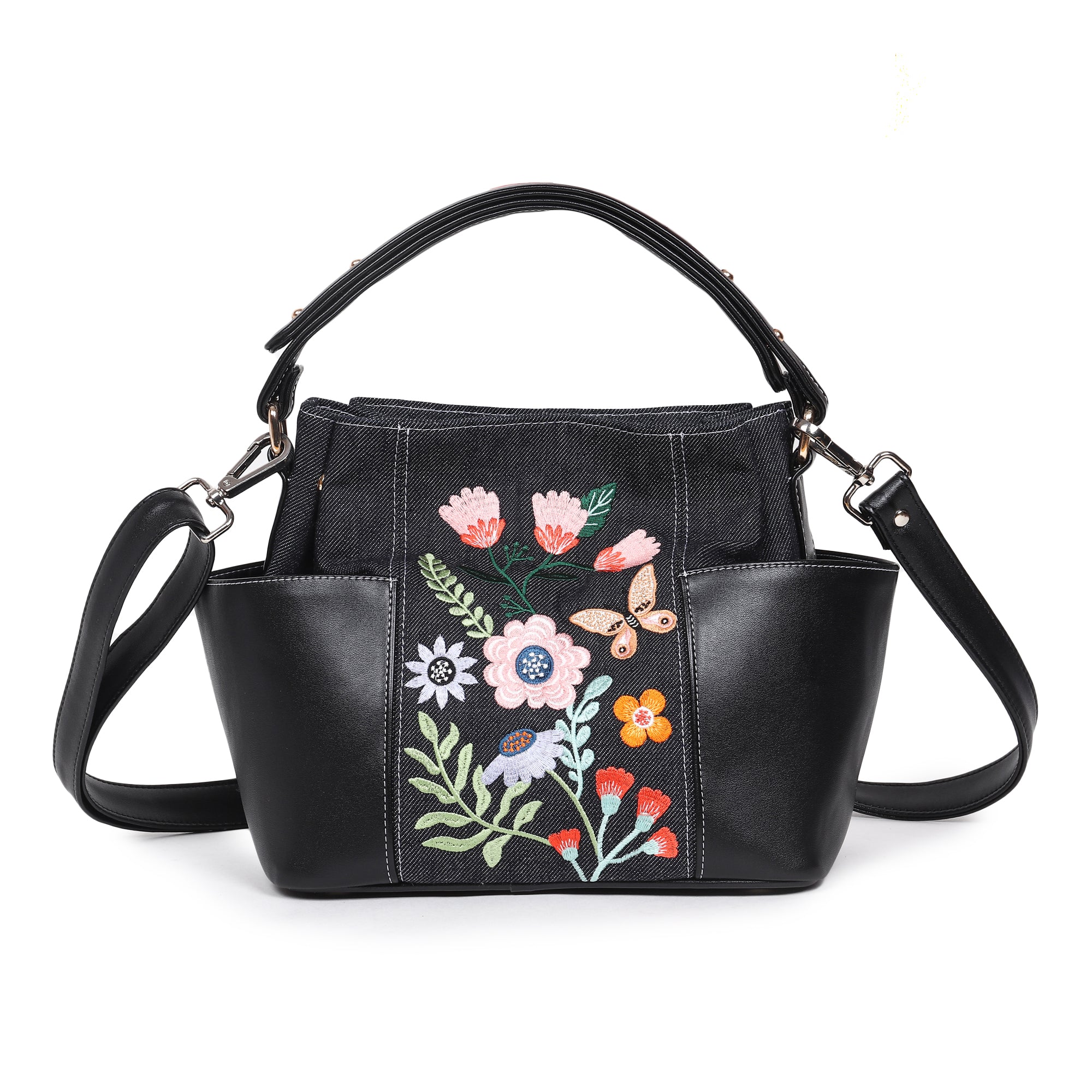 Floral Denim Rexin Embroidered Bucket Bag