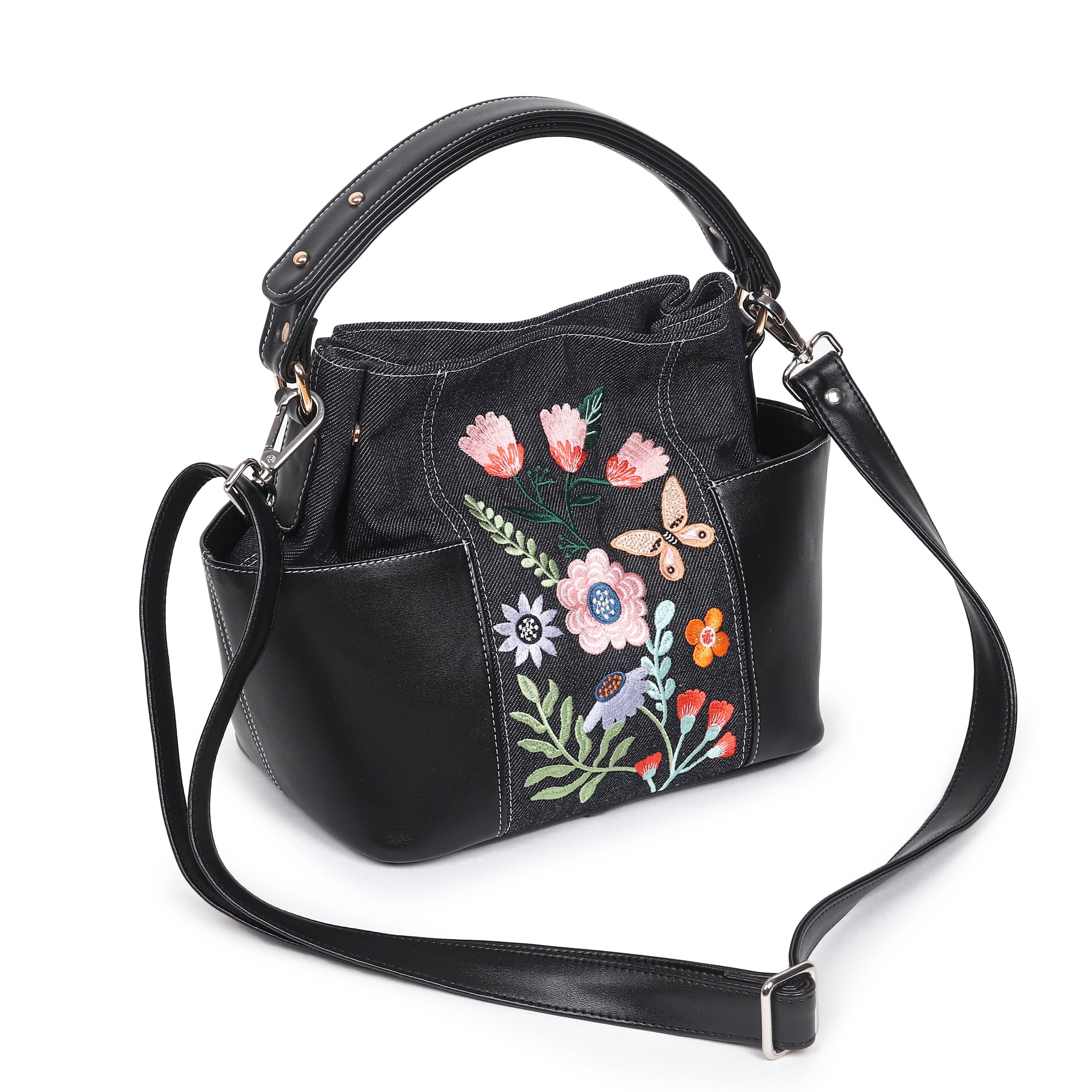 Floral Denim Rexin Embroidered Bucket Bag