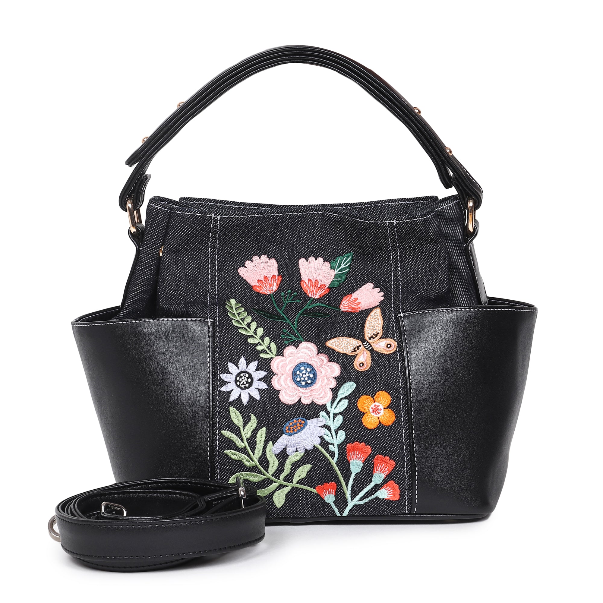 Floral Denim Rexin Embroidered Bucket Bag