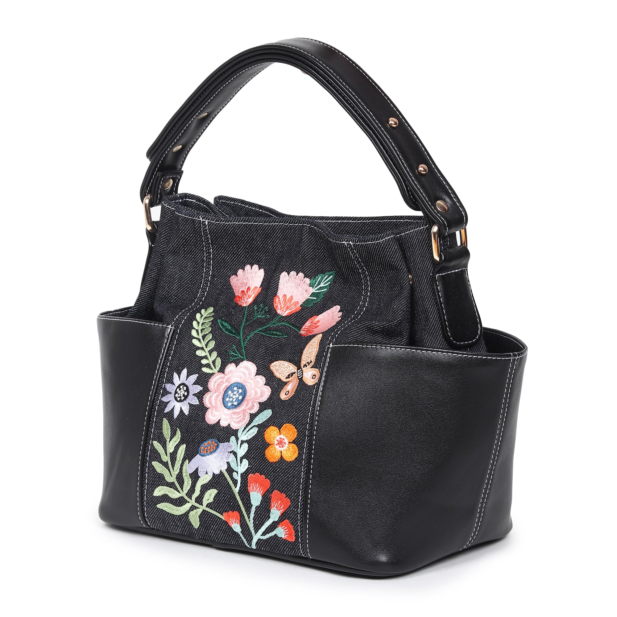 Floral Denim Rexin Embroidered Bucket Bag