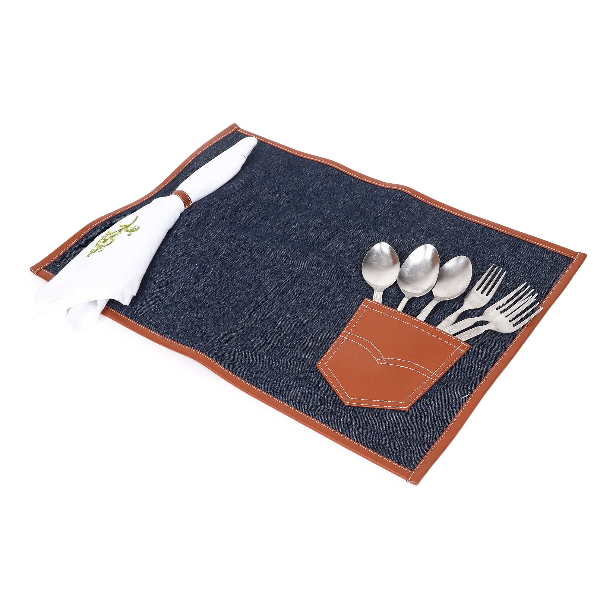 Denim Rexin Tablemat with Cutlery/ Napkin Pouch