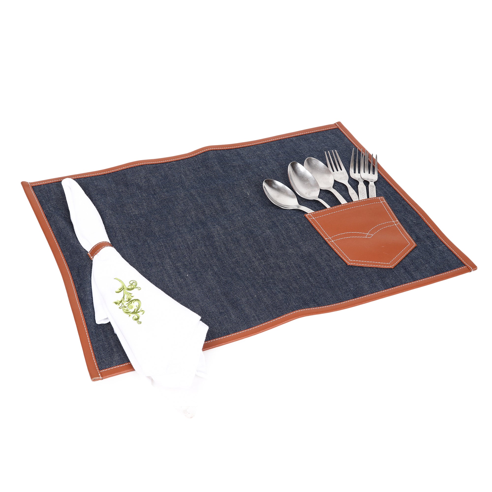 Denim Rexin Tablemat with Cutlery/ Napkin Pouch