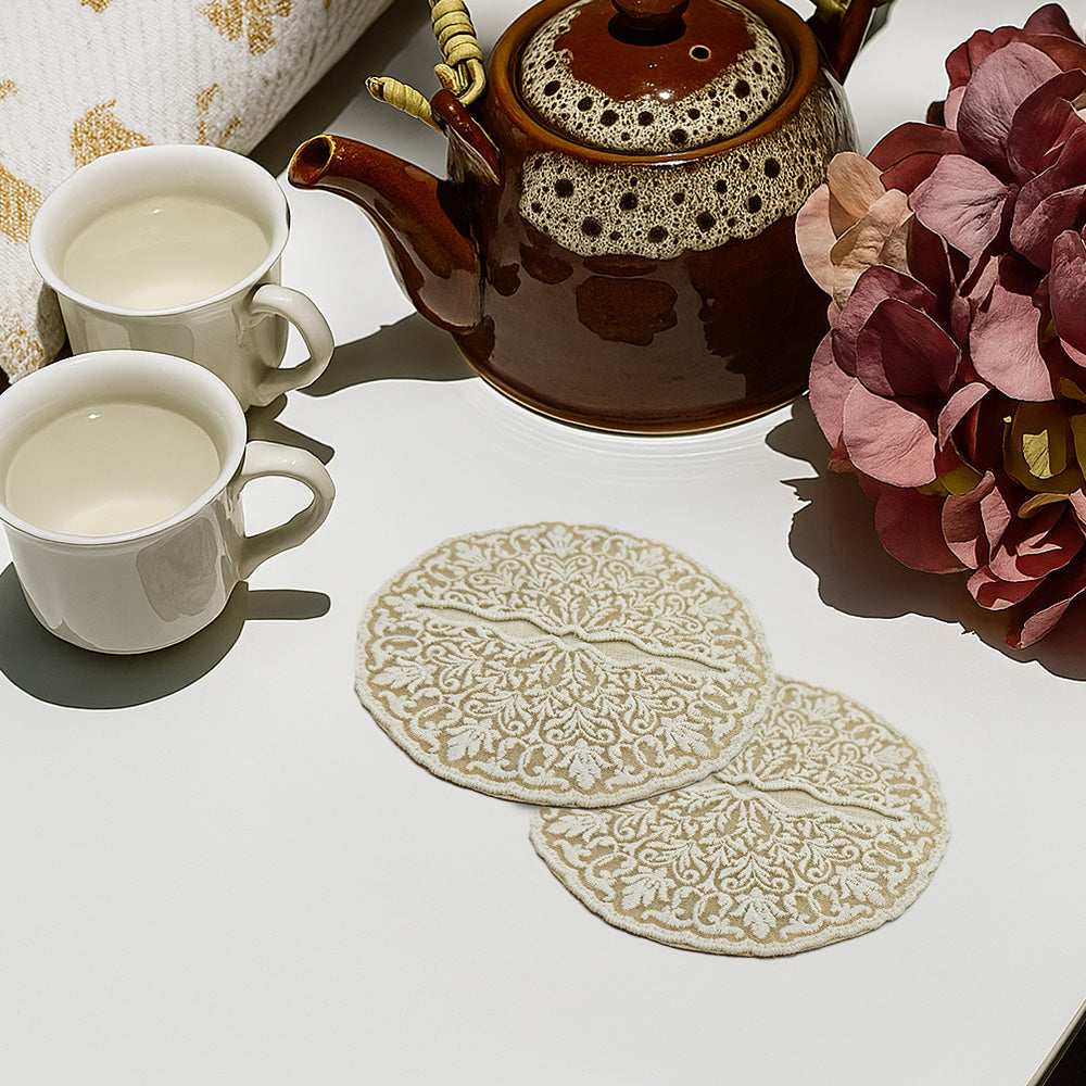 Wine Glass Embroidered Coaster - Champagne Lace Coin