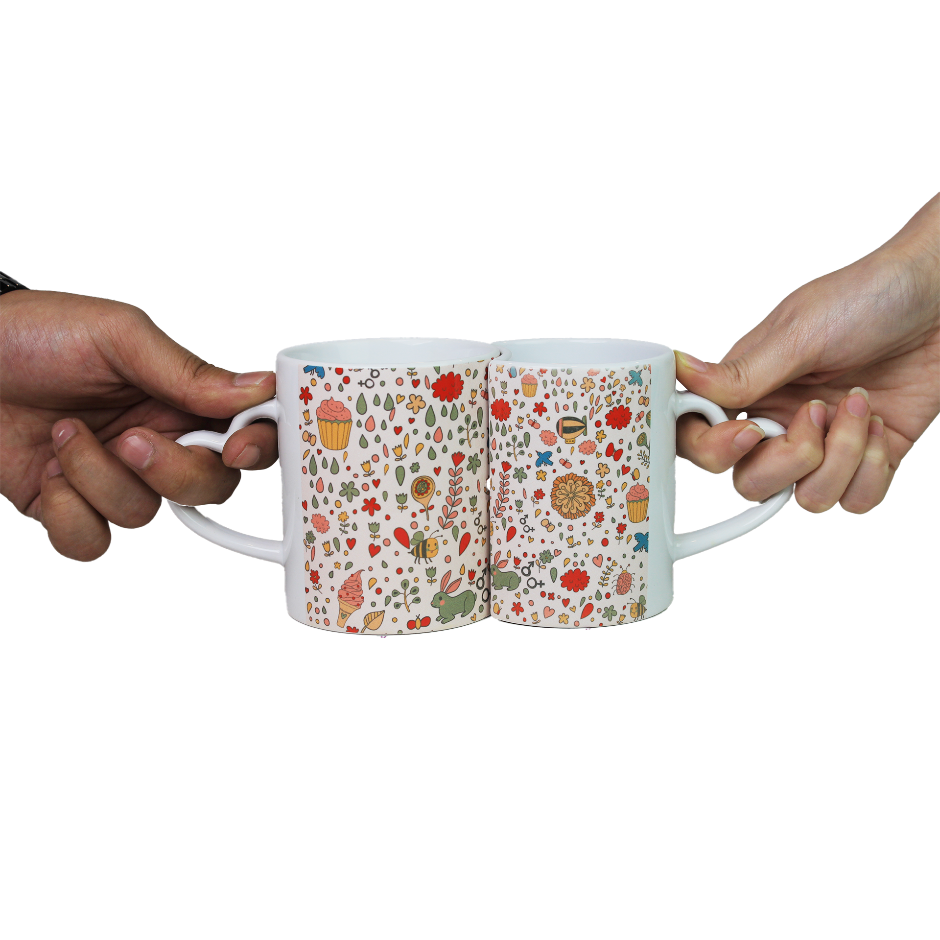 Ceramic Lover Mugs for couples, designed with heart-shaped handles and Valentine-themed prints with interlocking system for a perfect date night or gifting your loved ones .