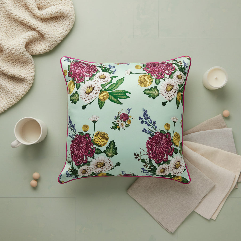 Mint Green Floral Cushion Cover
