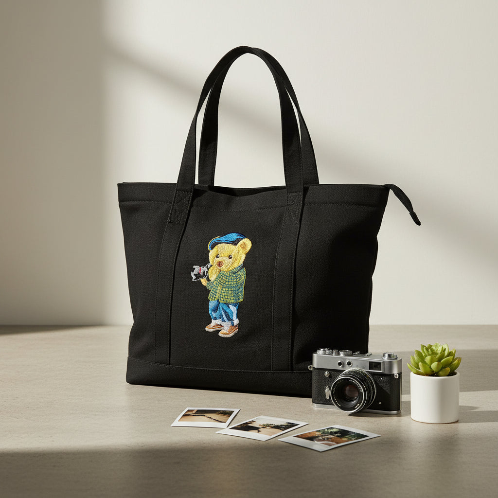 Camera Bear Black Medium Tote Bag