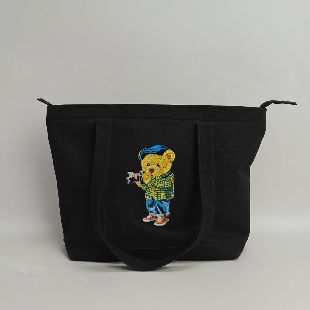 Camera Bear Black Medium Tote Bag