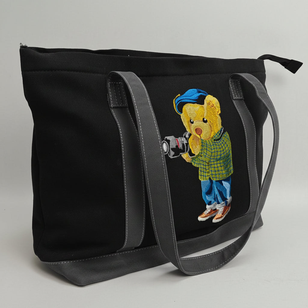 Camera Bear Grey Large Tote Bag