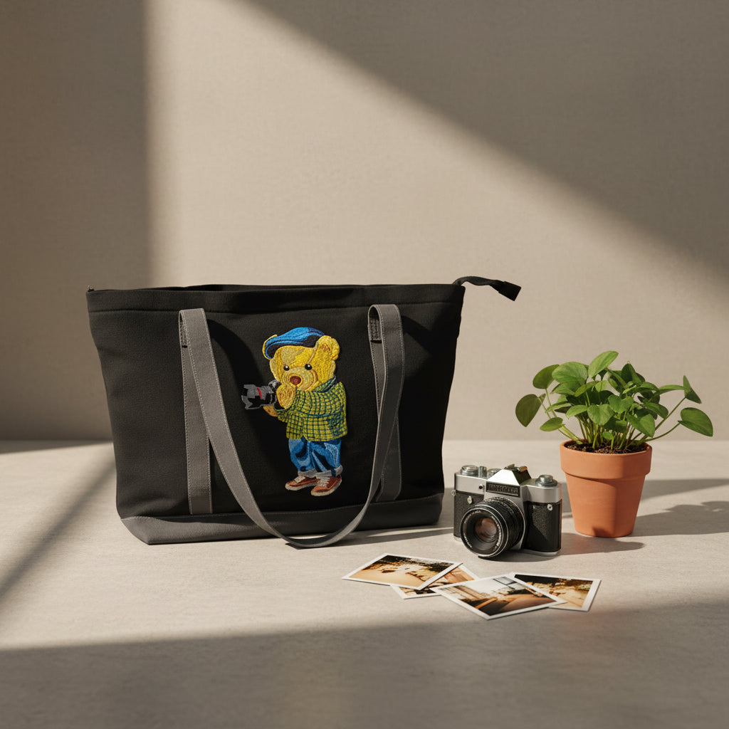 Camera Bear Grey Large Tote Bag