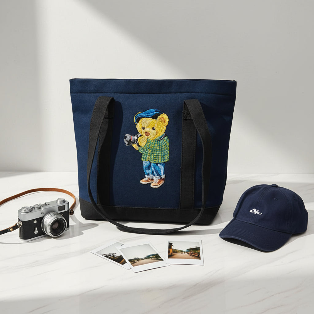 Camera Bear Blue Black Small Tote Bag