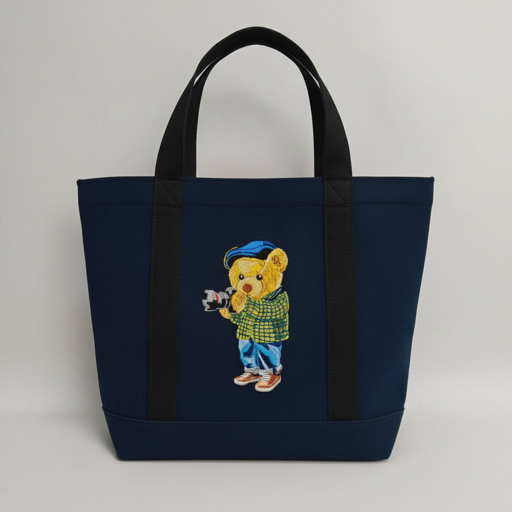 Camera Bear Blue Black Small Tote Bag