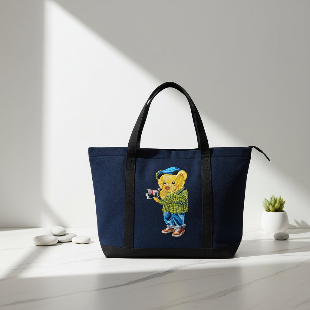 Camera Bear Blue Black Large Tote Bag