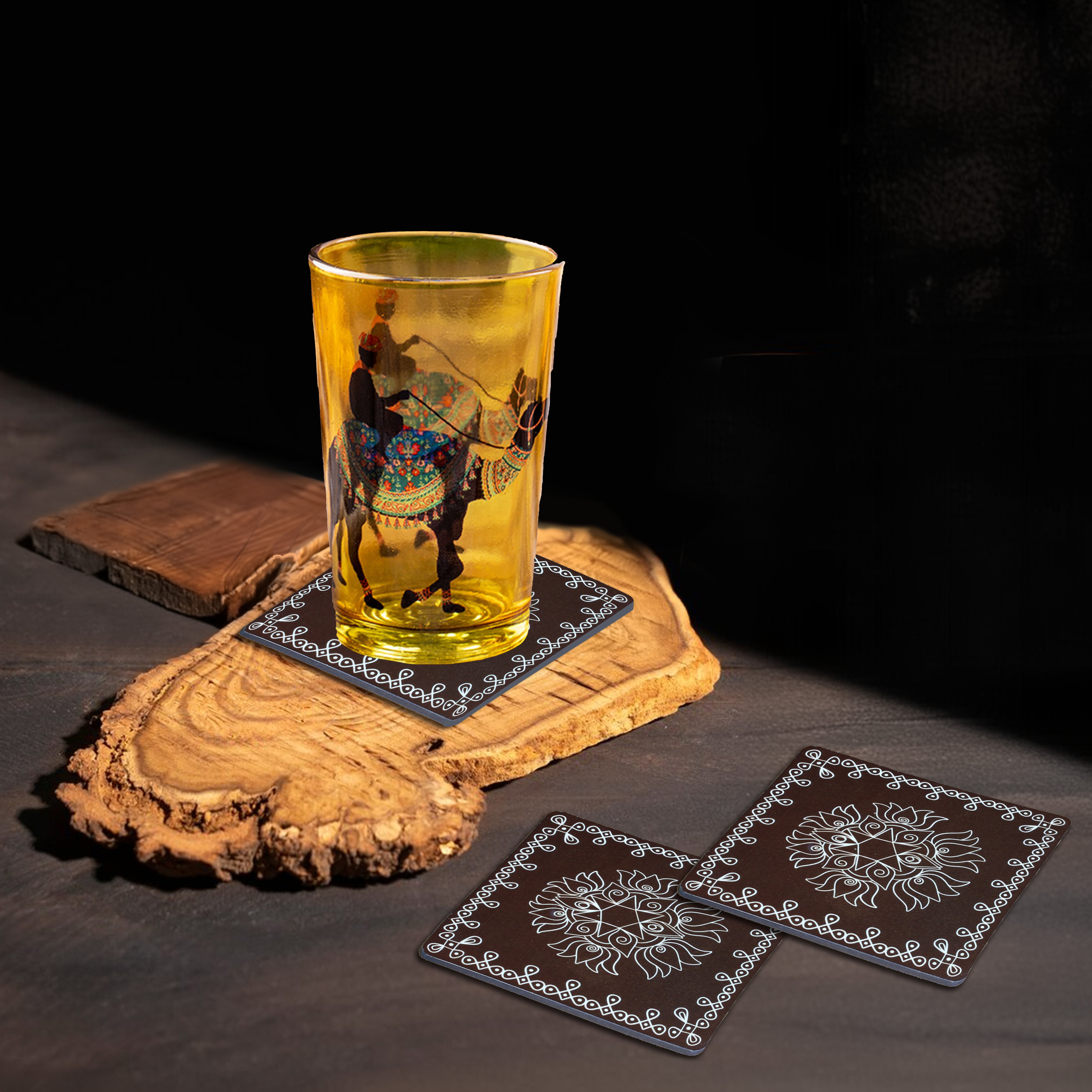 Wooden Square Coasters - Rangoli Inspired