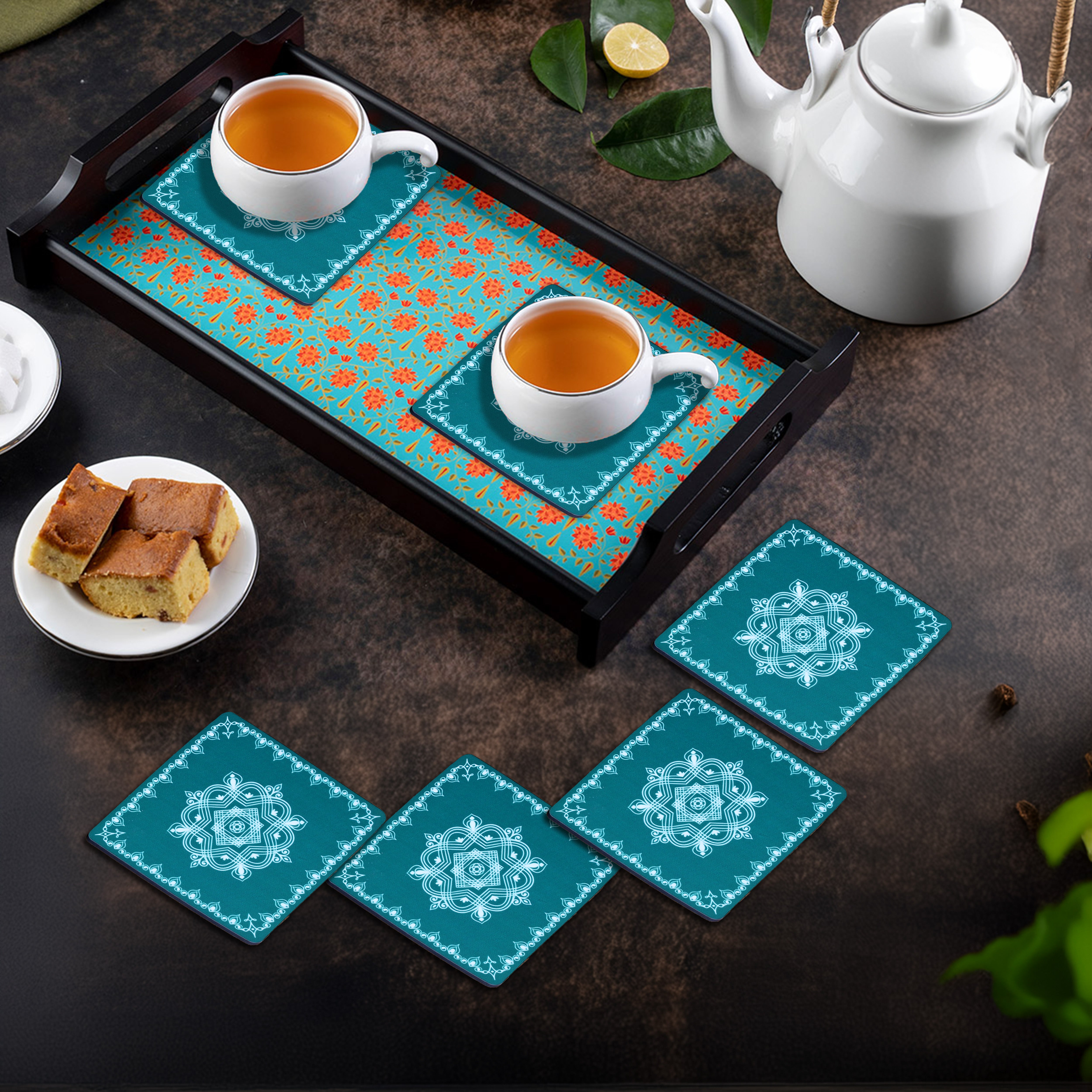 Wooden Square Coasters - Rangoli Inspired