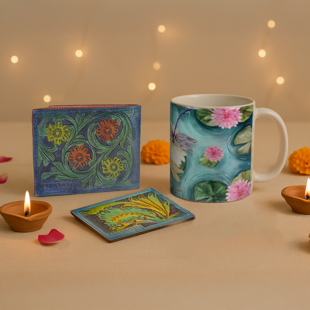 Leather Carved Wallet X Leather Carved Card Holder X Ceramic Mug
