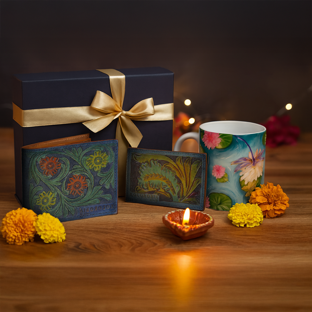Leather Carved Wallet X Leather Carved Card Holder X Ceramic Mug