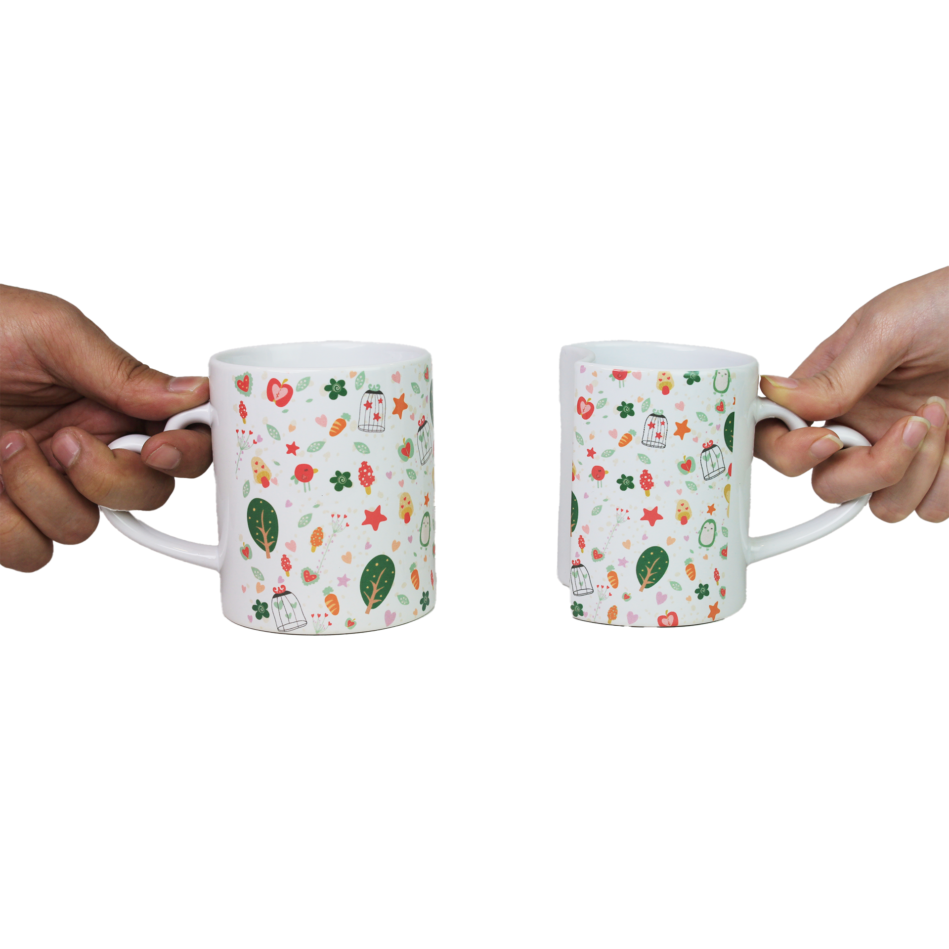 Celebrate love with this set of 2 ceramic Lover Mugs featuring heart-shaped handles and a unique interlocking design. Ideal Valentine's Day gift for couples, these romantic mugs add charm to coffee time. Perfect for gifting or special occasions