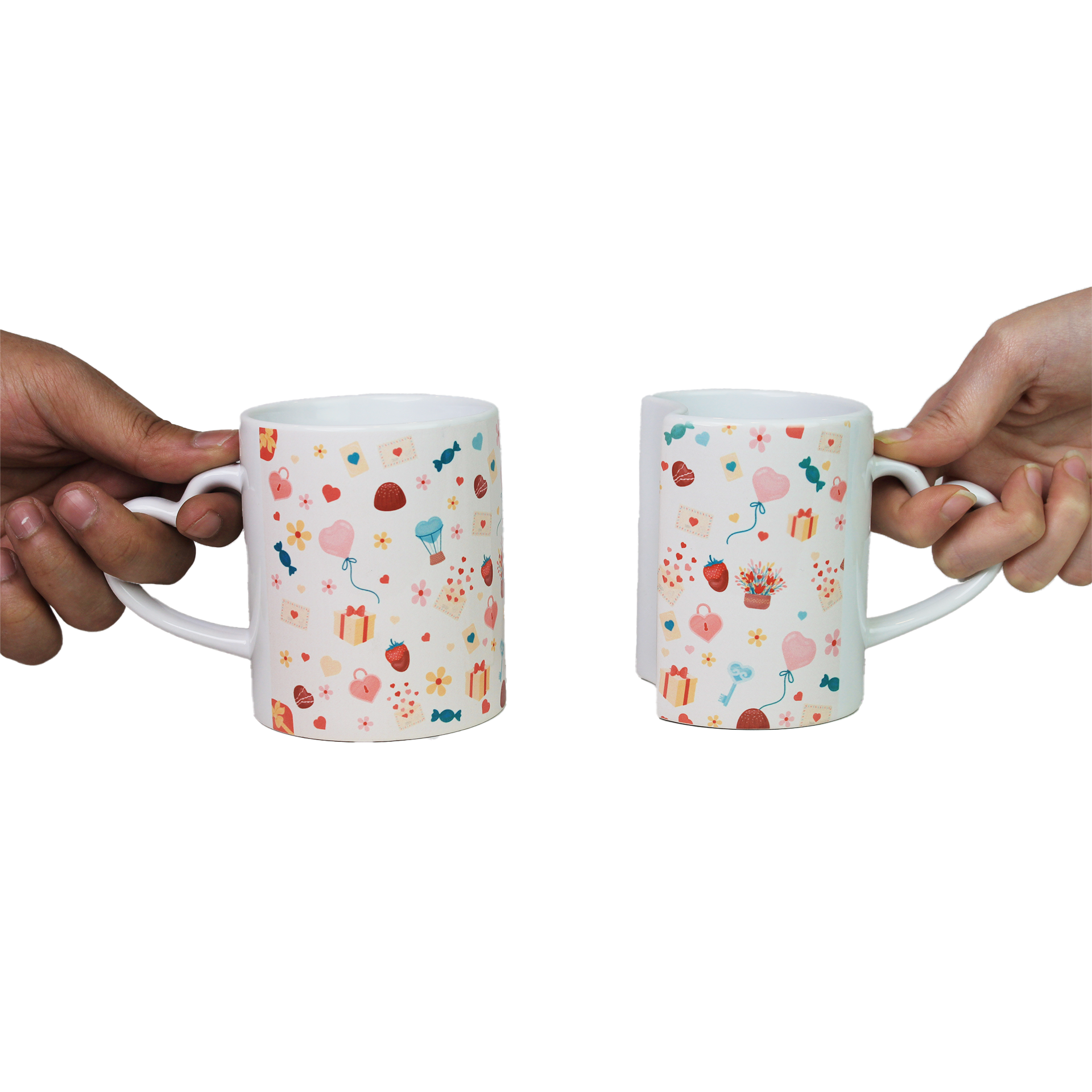 Celebrate love with this set of 2 ceramic Lover Mugs featuring heart-shaped handles and a unique interlocking design. Ideal Valentine's Day gift for couples, these romantic mugs add charm to coffee time. Perfect for gifting or special occasions