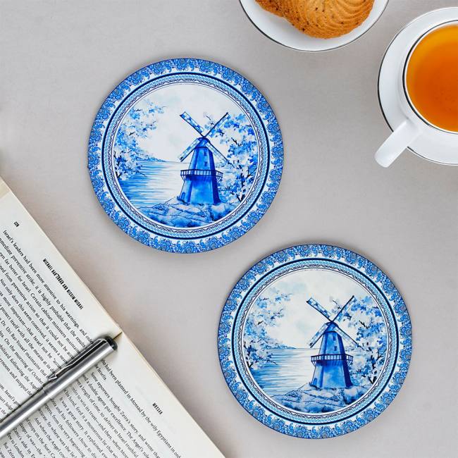 Wooden Coasters (Set of 2) - Blue Pottery
